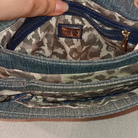 Vintage Y2K GUESS quilted Denim Shoulder Bag double chain handle flap front - Picture 6 of 7
